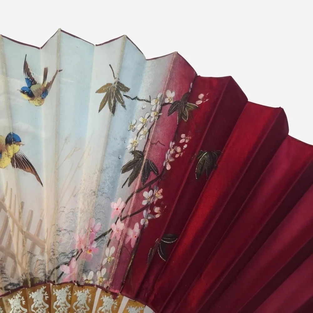 Antique Victorian Hand Painted Fan Birds Blue & Red Floral 1800s Rare Art Flower